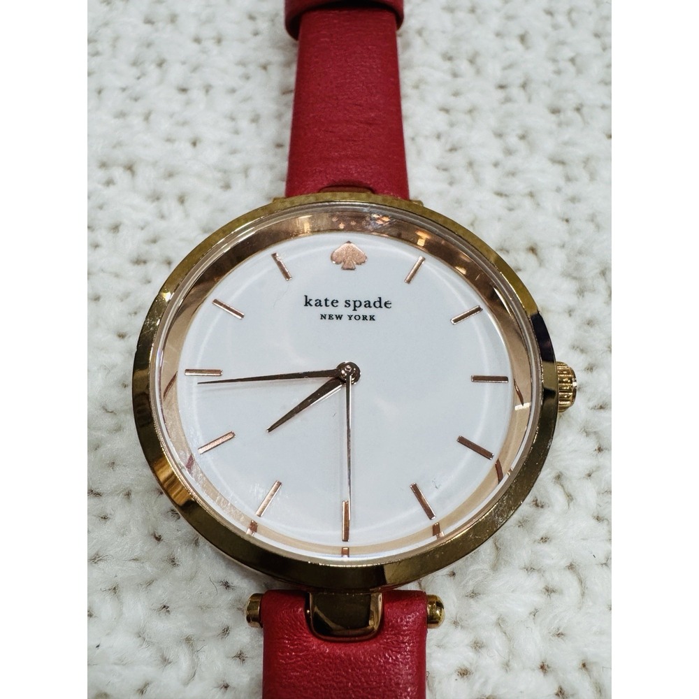 Kate Spade New York KSW9044SET Red Leather Gold Tone Watch Working